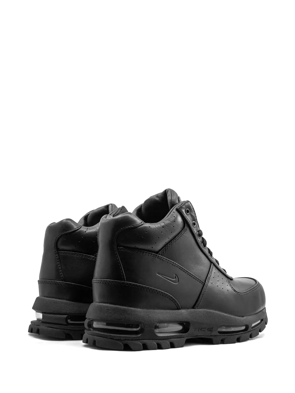 Black Nike high-top lace-up sneaker with rear cushioning pods and Swoosh