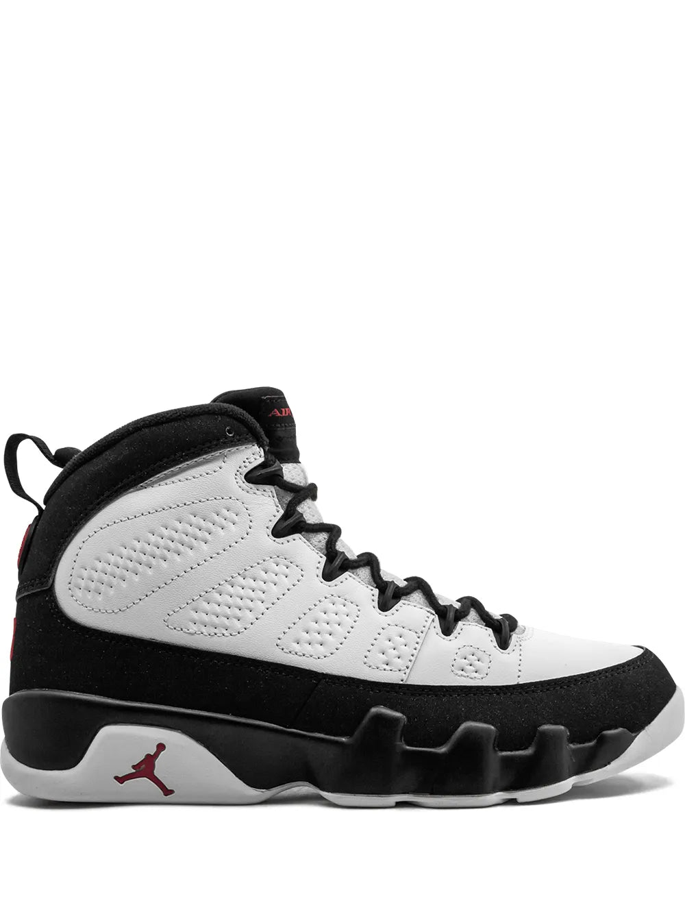 Mid-top lace-up sneakers in black and white with red Jumpman logo and chunky sole
