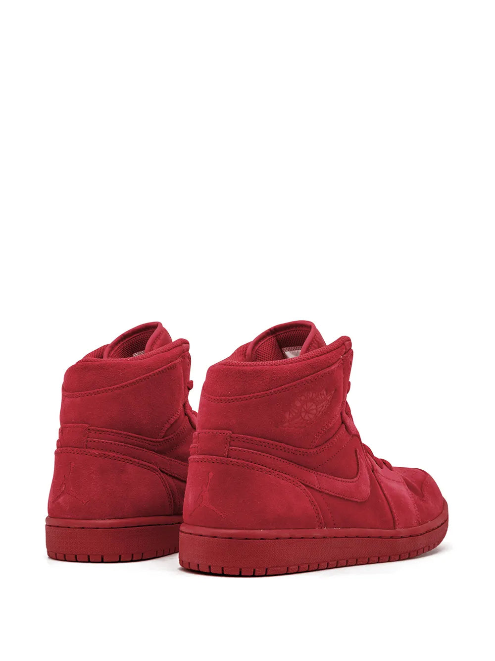 Red suede high-top sneakers with heel and side profile