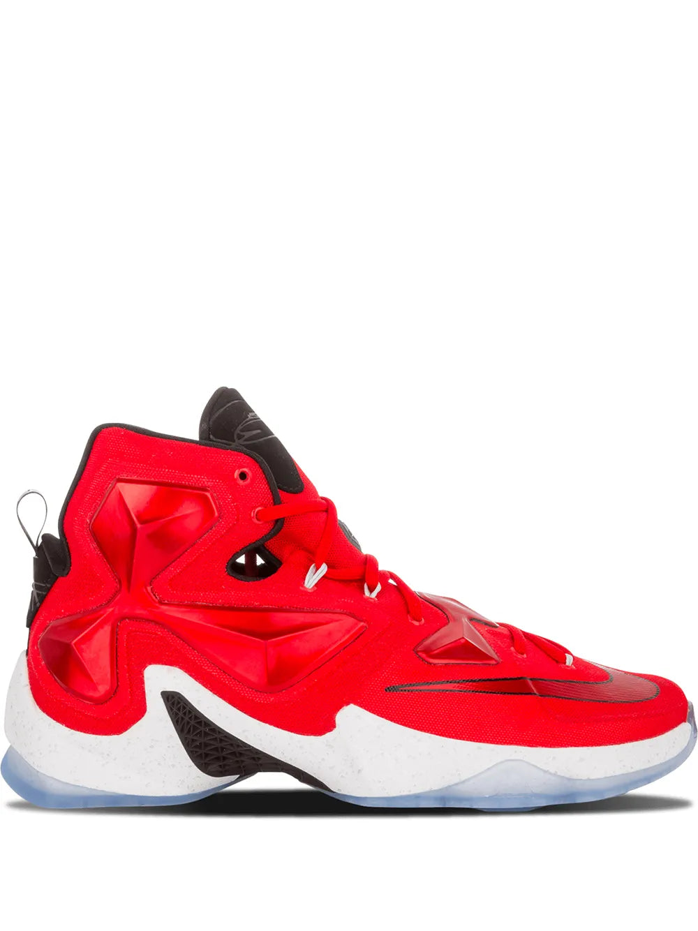 Nike Lebron 13 red high-top basketball shoes with black accents, white midsole, lace-up