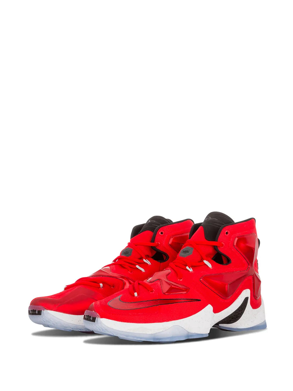 Red high-top basketball shoes with Nike swoosh, black collar, white midsole, lace-up