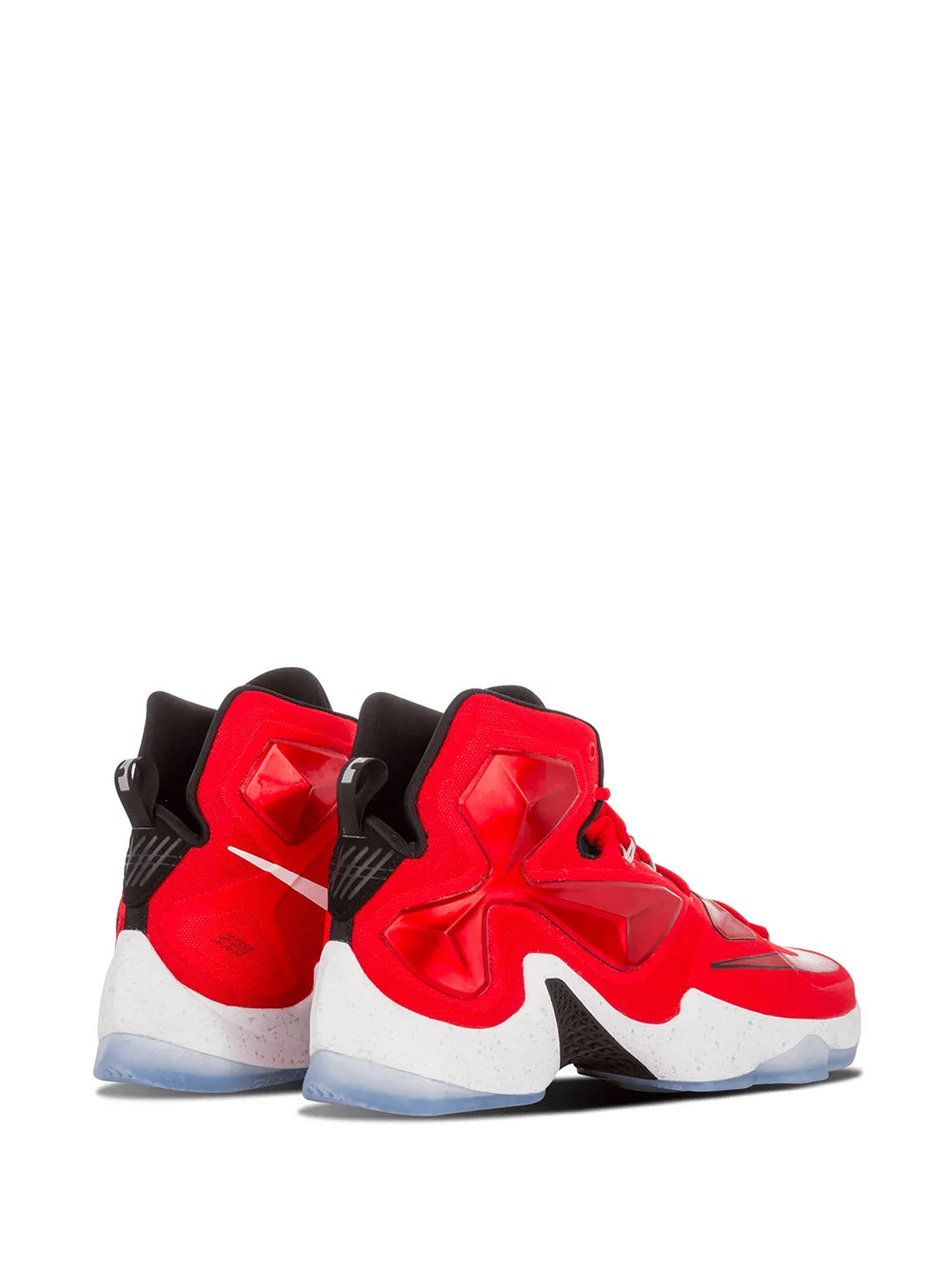 Red and black high-top basketball shoes with sculpted heel, white midsole, lace-up
