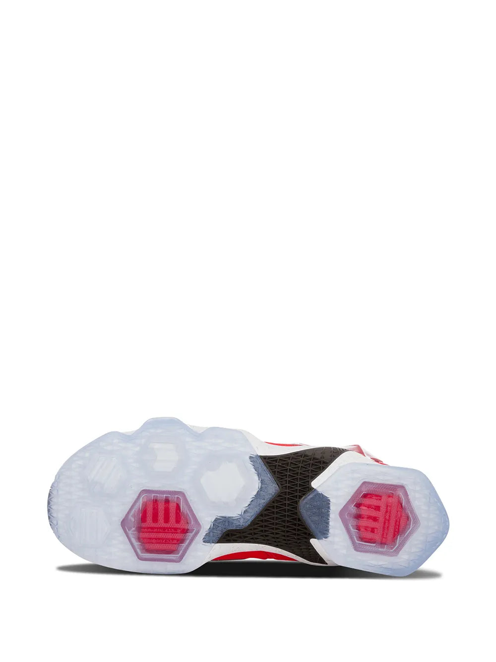 Red and black high-top basketball shoes with treaded outsole, white midsole