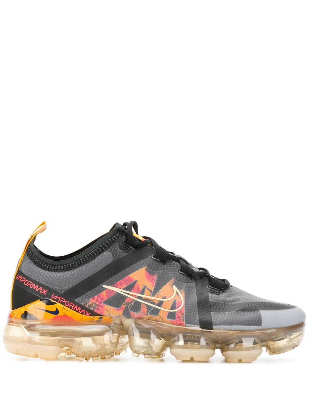 Gray and black running shoe with orange graphic swoosh and clear air sole