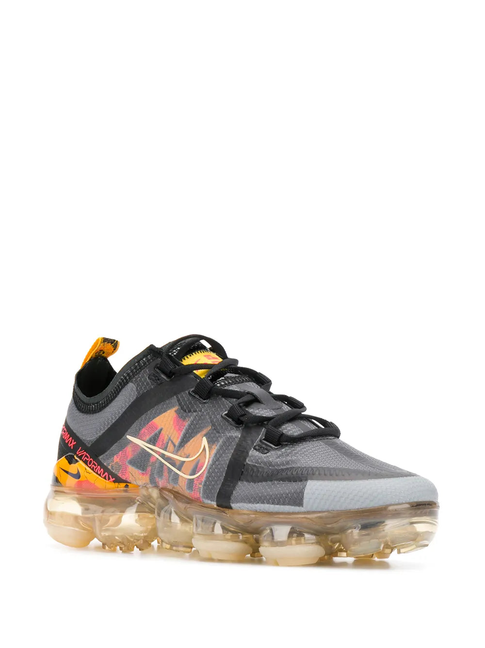 Gray running shoe with orange-pattern side panel, black laces, and clear air sole