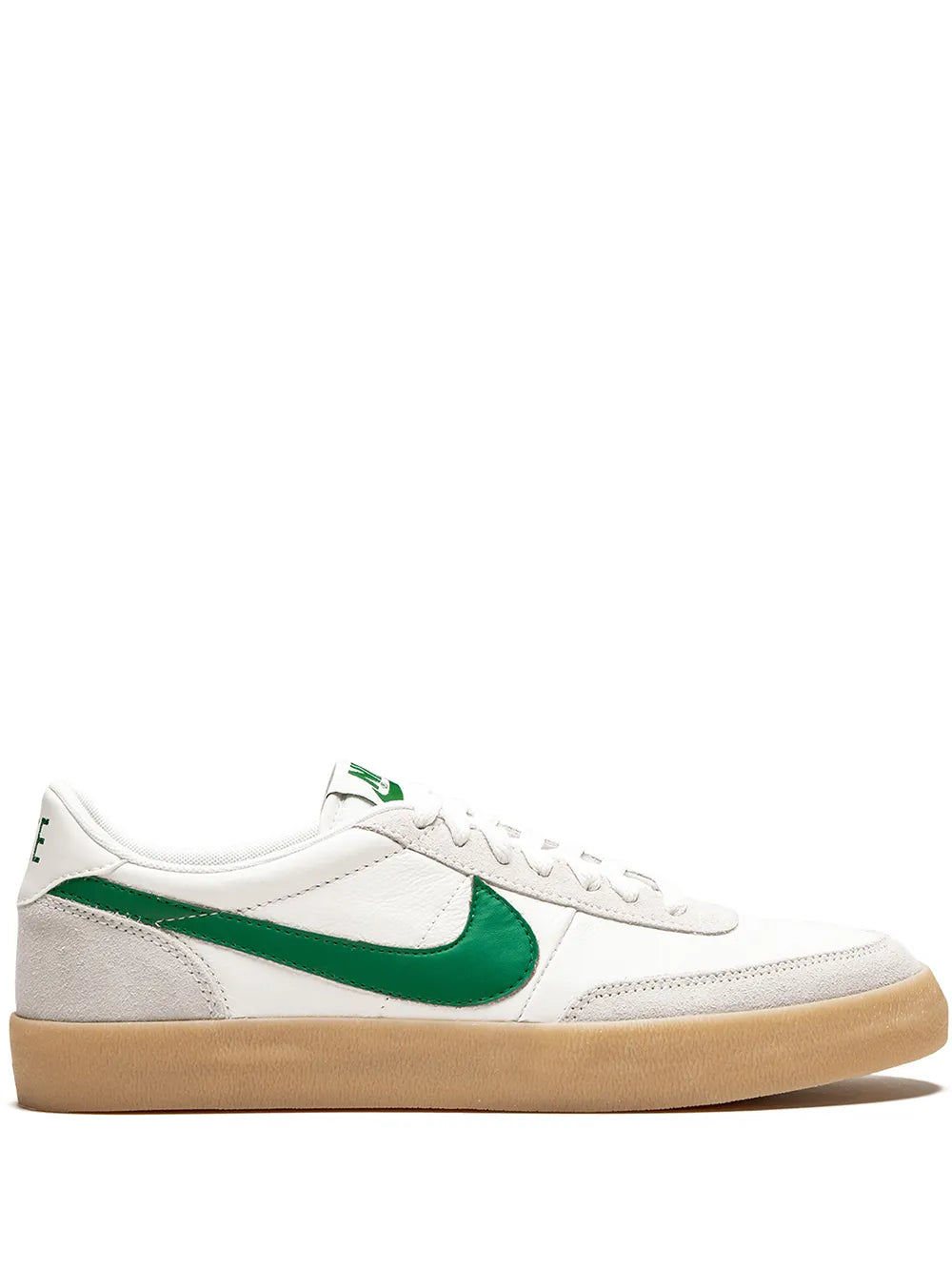 White leather low-top sneaker with green Swoosh and gum sole