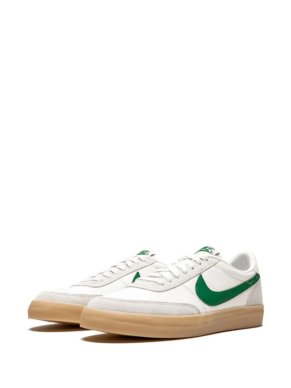 White leather low-top sneaker, side view, green Swoosh and gum sole
