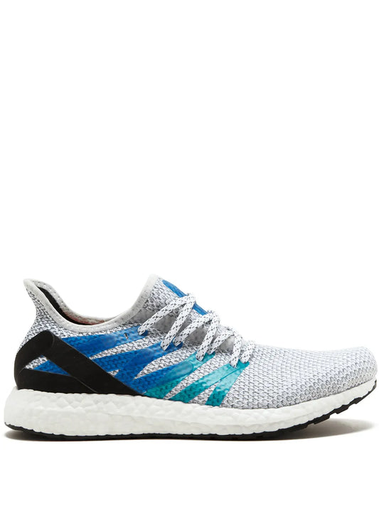 adidas low-top knit sneakers, white with blue/teal stripes and black heel detail