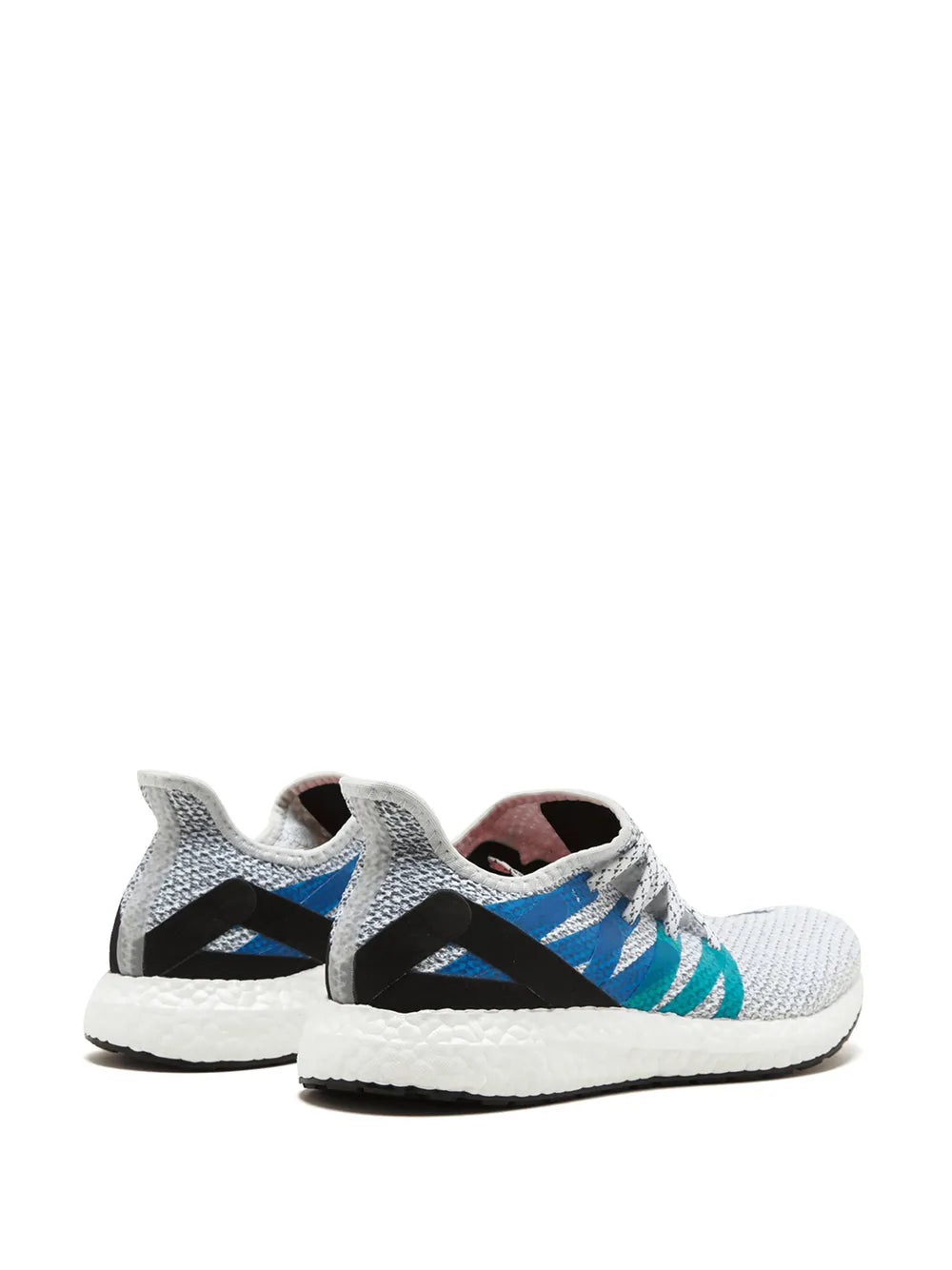 adidas low-top knit sneakers, white with blue/teal stripes and maroon heel lining
