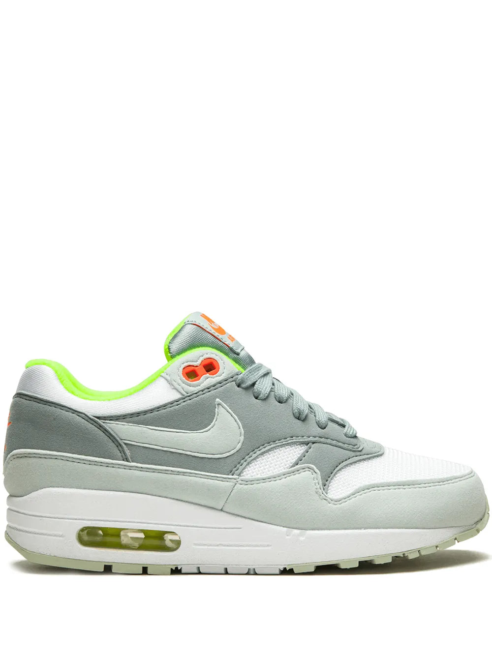 Nike Air Max 1 women's sneaker in light gray with neon green accents