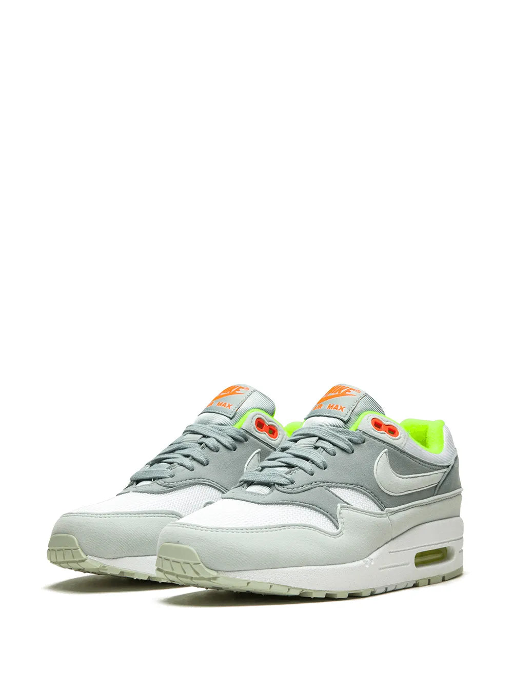 Nike Air Max 1 women's sneaker, side view, light gray with neon green and orange details