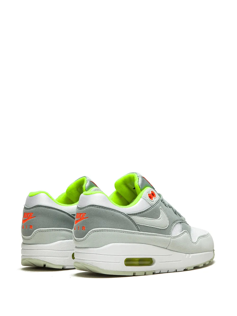 Nike Air Max 1 women's sneaker, heel view, light gray with neon green lining