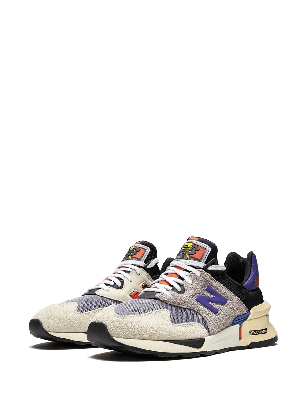 New Balance 997S sneakers in gray and purple with lace-up front and beige midsole