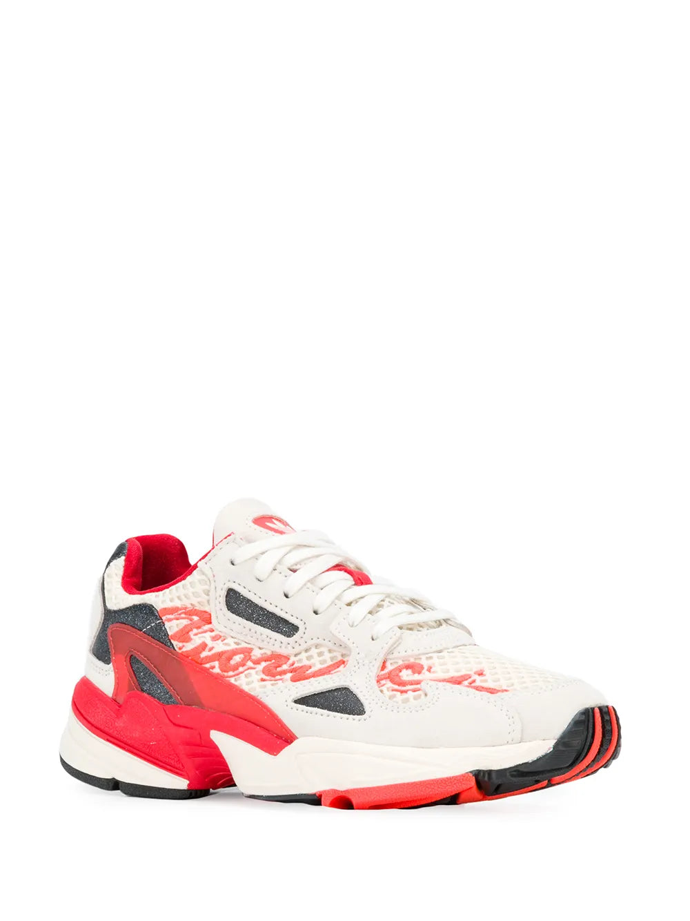 Adidas Falcon lace-up sneaker, side view in white with bold red midsole