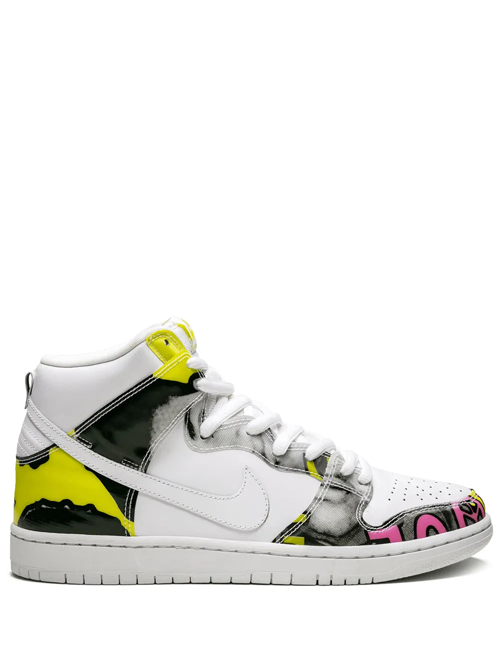 Nike Dunk high-top sneakers, white with neon yellow, black accents, multicolor toe