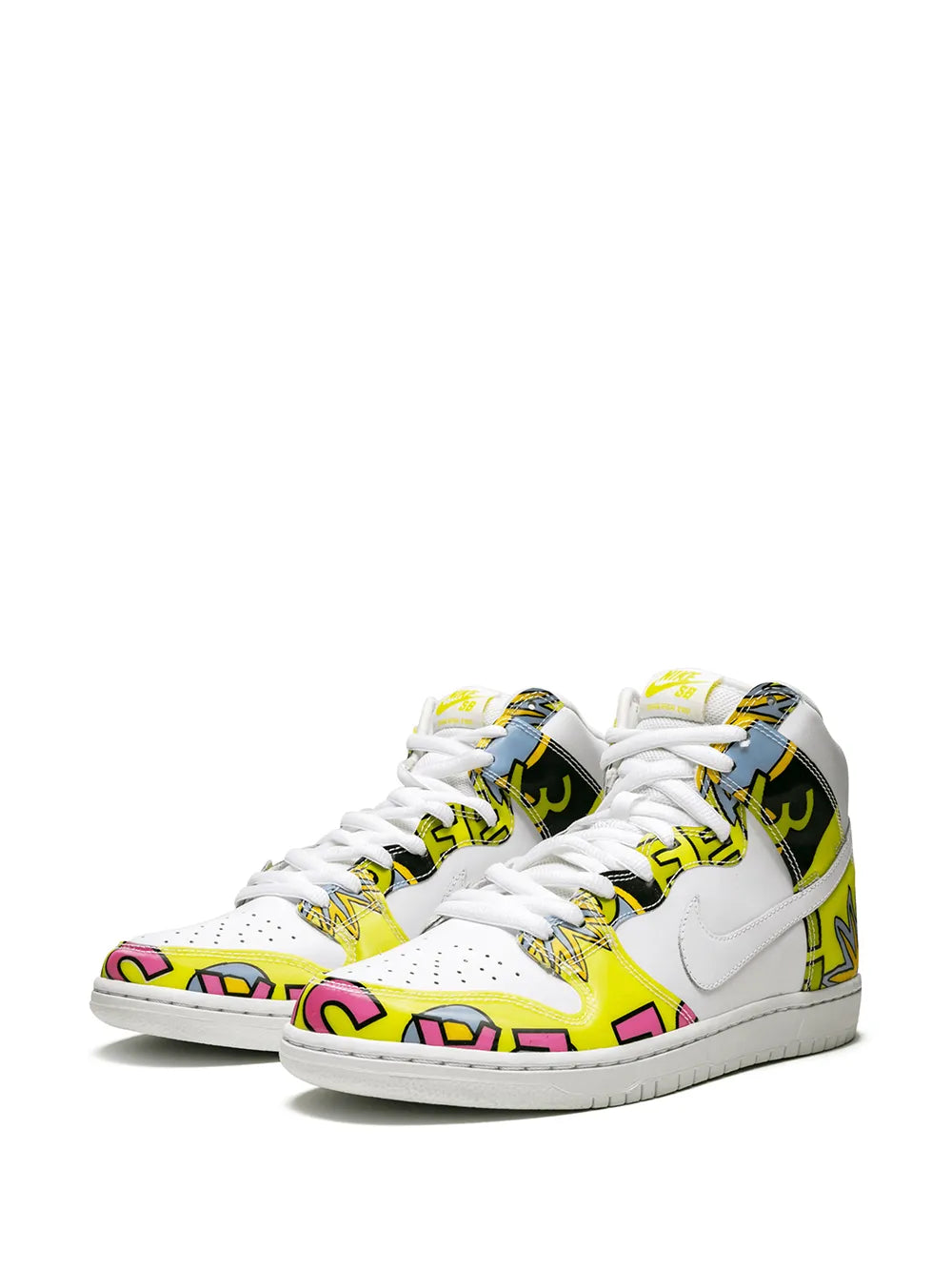 High-top sneakers pair, white upper with yellow laces and black/green graphic panels