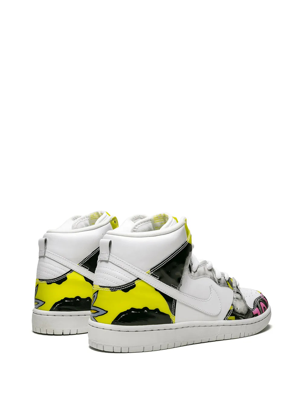 High-top sneakers side view, white leather with neon yellow and black overlay details