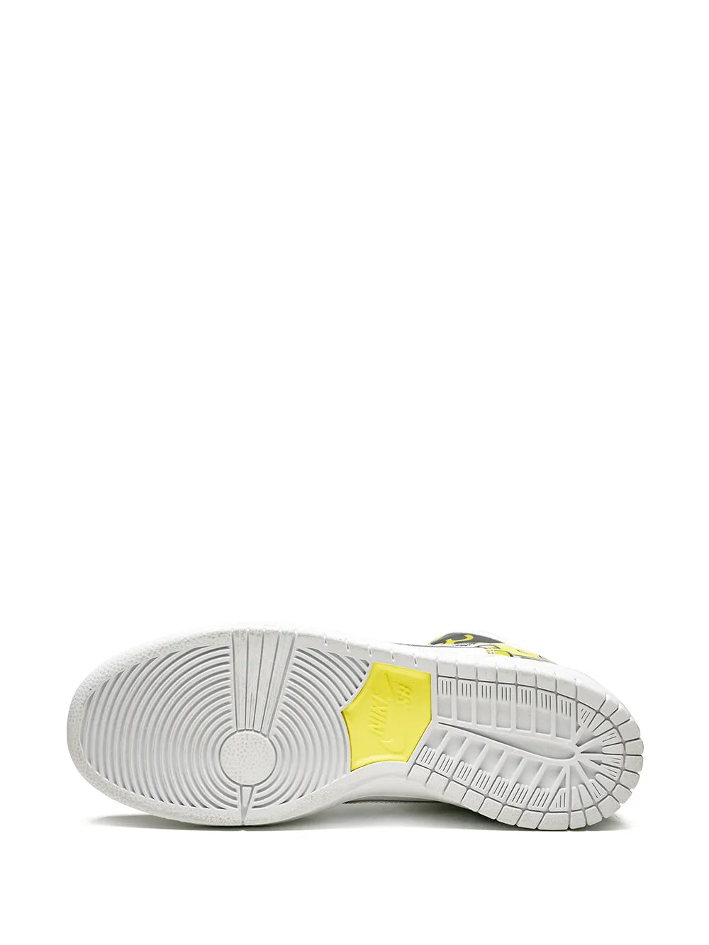 High-top sneakers outsole view, white tread with neon yellow heel panel
