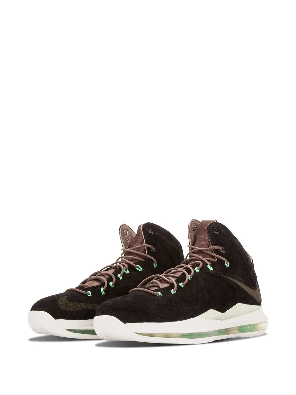 High-top basketball shoes with dark suede uppers, green lace accents, white/green sole