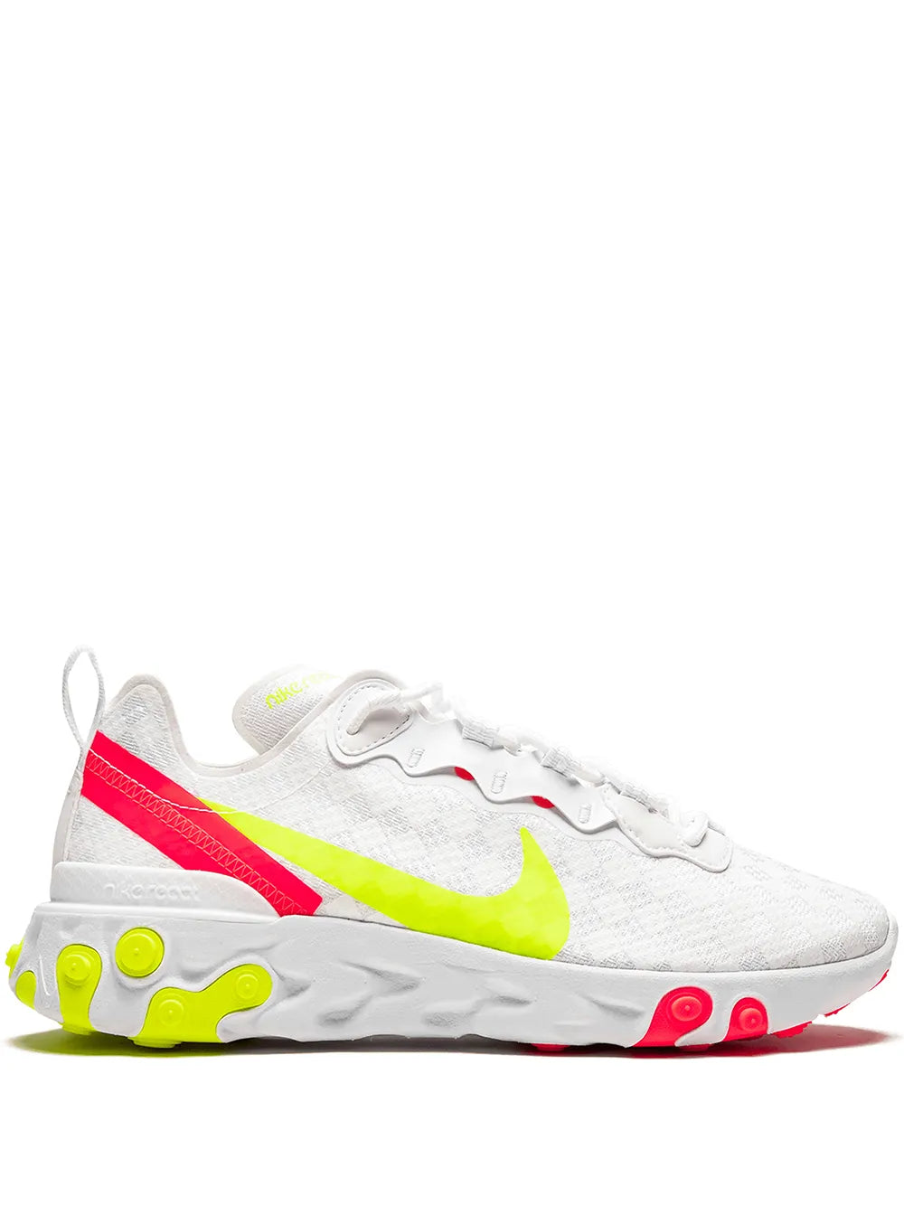 White lace-up sneakers with neon green and red side accents, textured sole