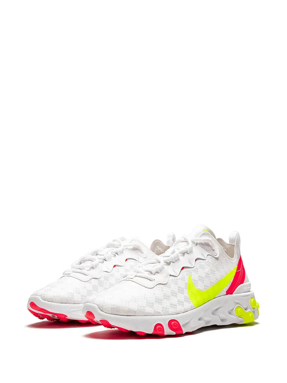 White lace-up sneakers with Nike swoosh, neon green panel and red heel pull