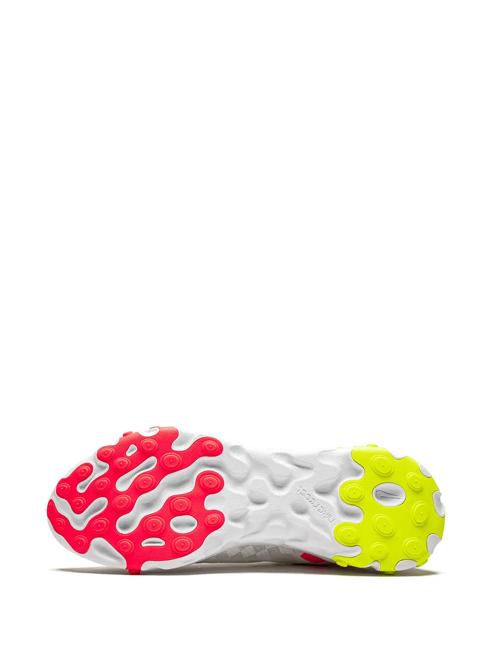 White sneaker outsole with red and neon green traction pods