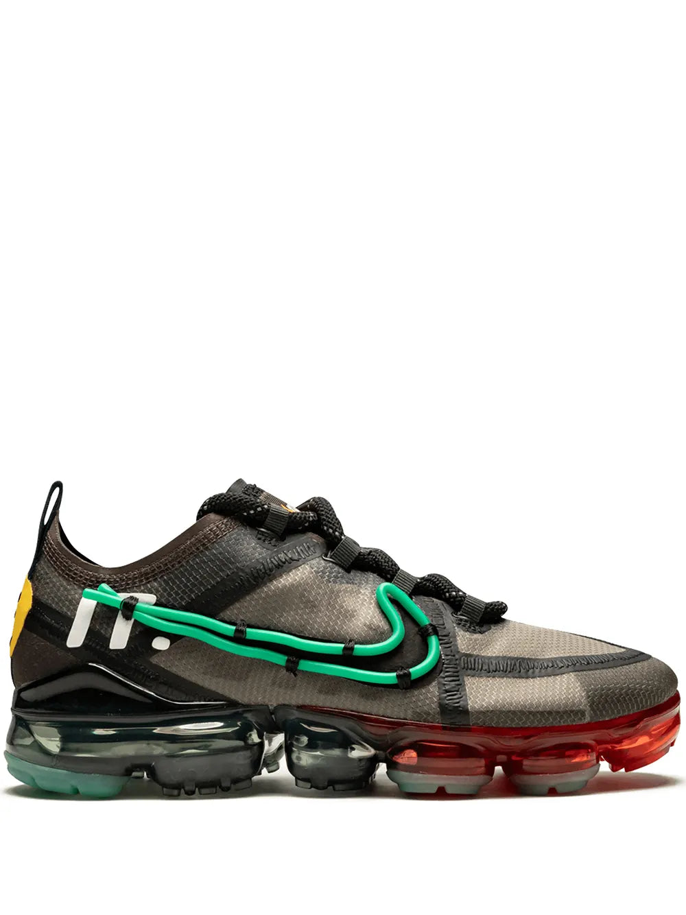 Vapormax sneaker, dark gray upper with green lace accents and black air sole
