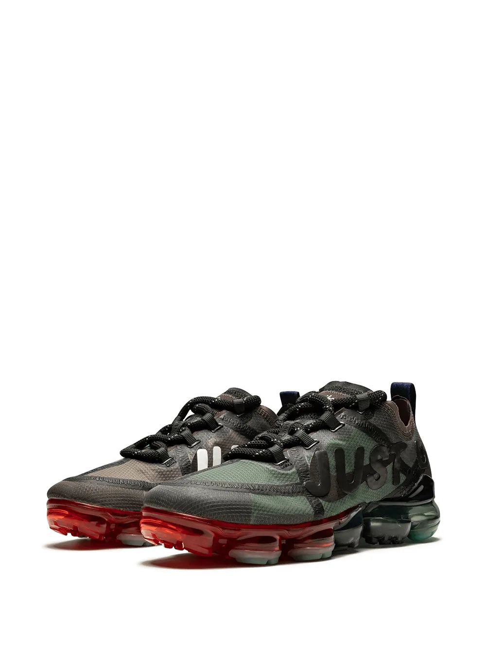 Vapormax sneaker, dark gray knit upper with black laces and red heel air pods