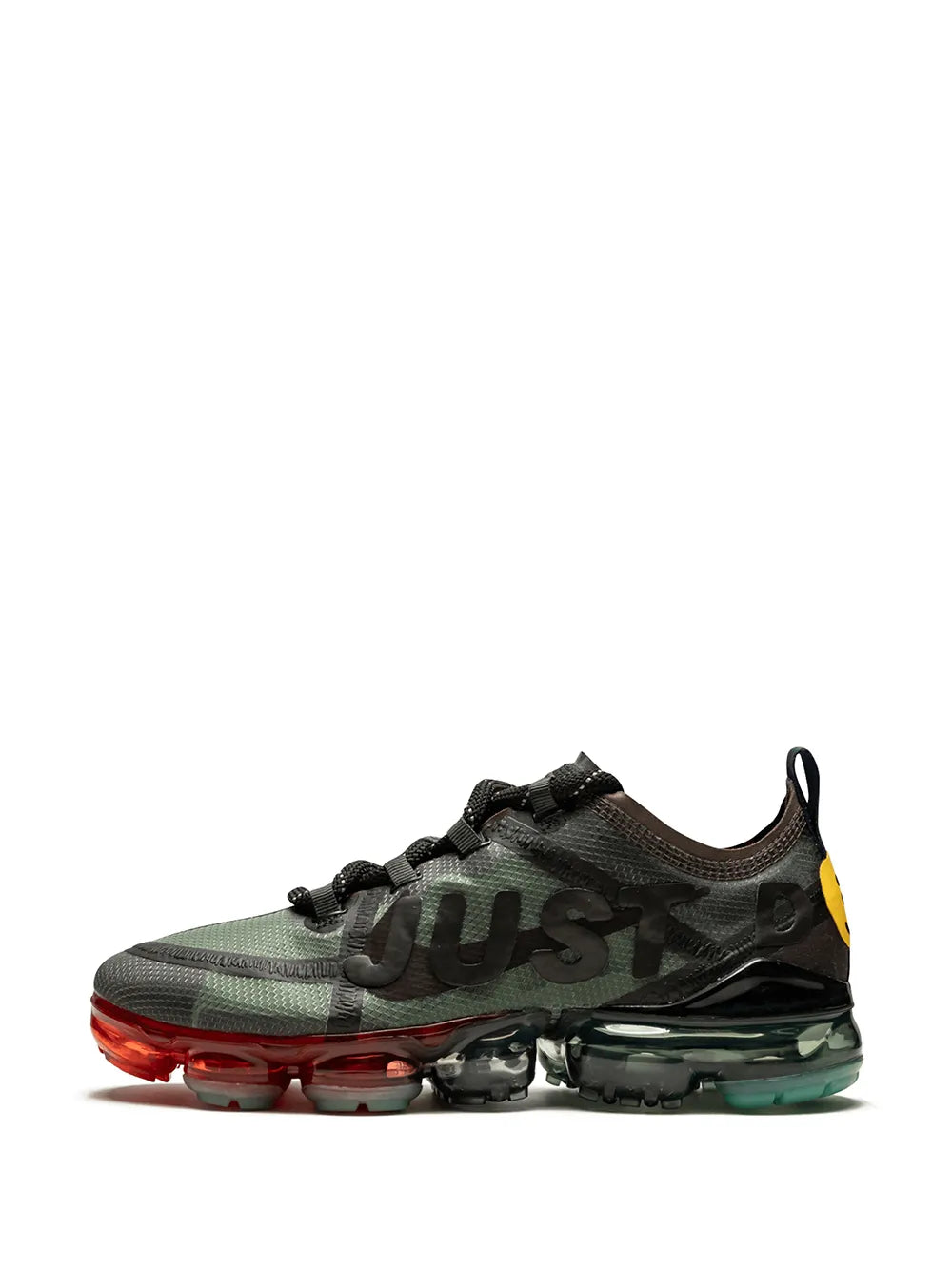 Vapormax sneaker with large 'JUST' text, black laces, red-tinted air sole