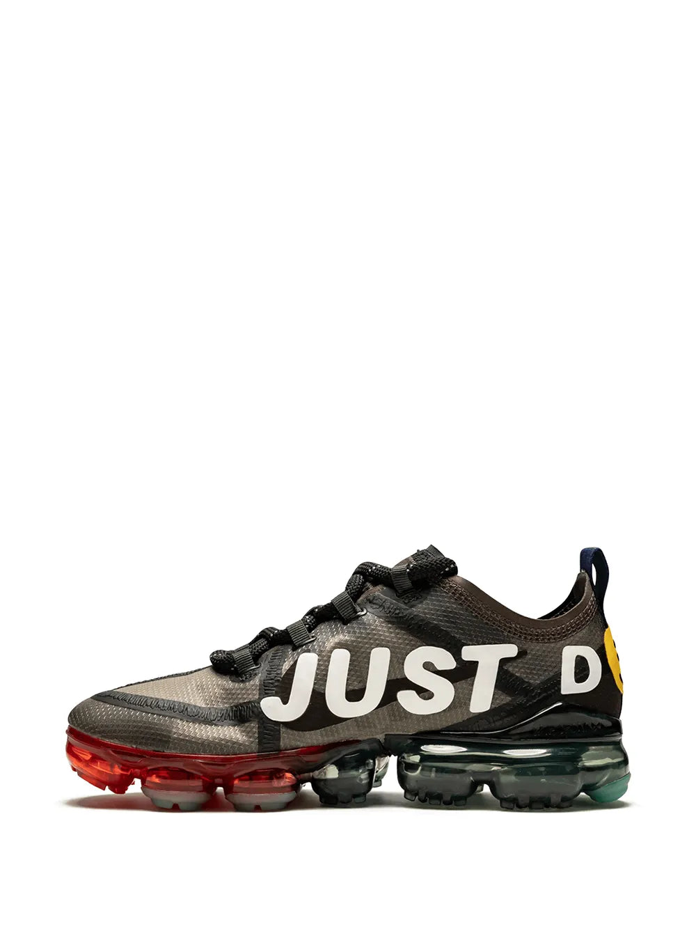Vapormax sneaker with bold 'JUST DO' lettering, dark upper, black laces