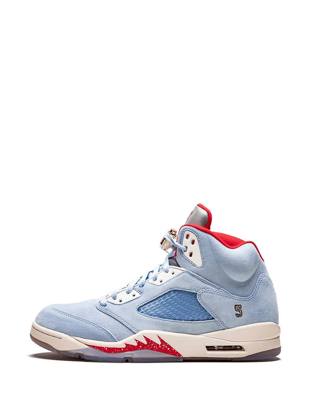 Blue Air Jordan 5 sneakers with red heel, lace-up front, and blue suede-like panels