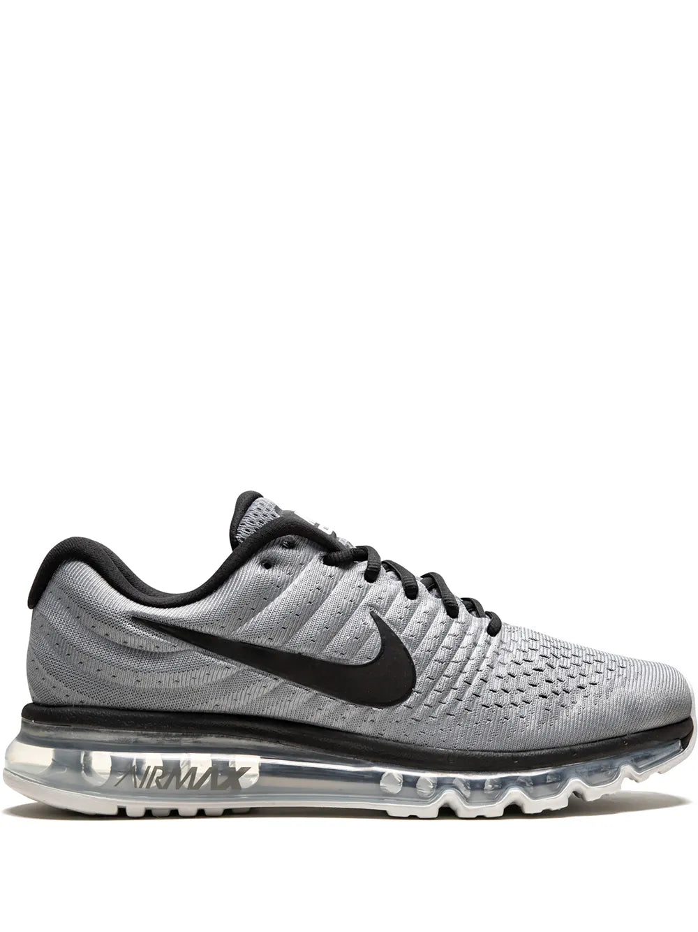 Nike Air Max running shoe in gray knit with black swoosh and visible Air unit