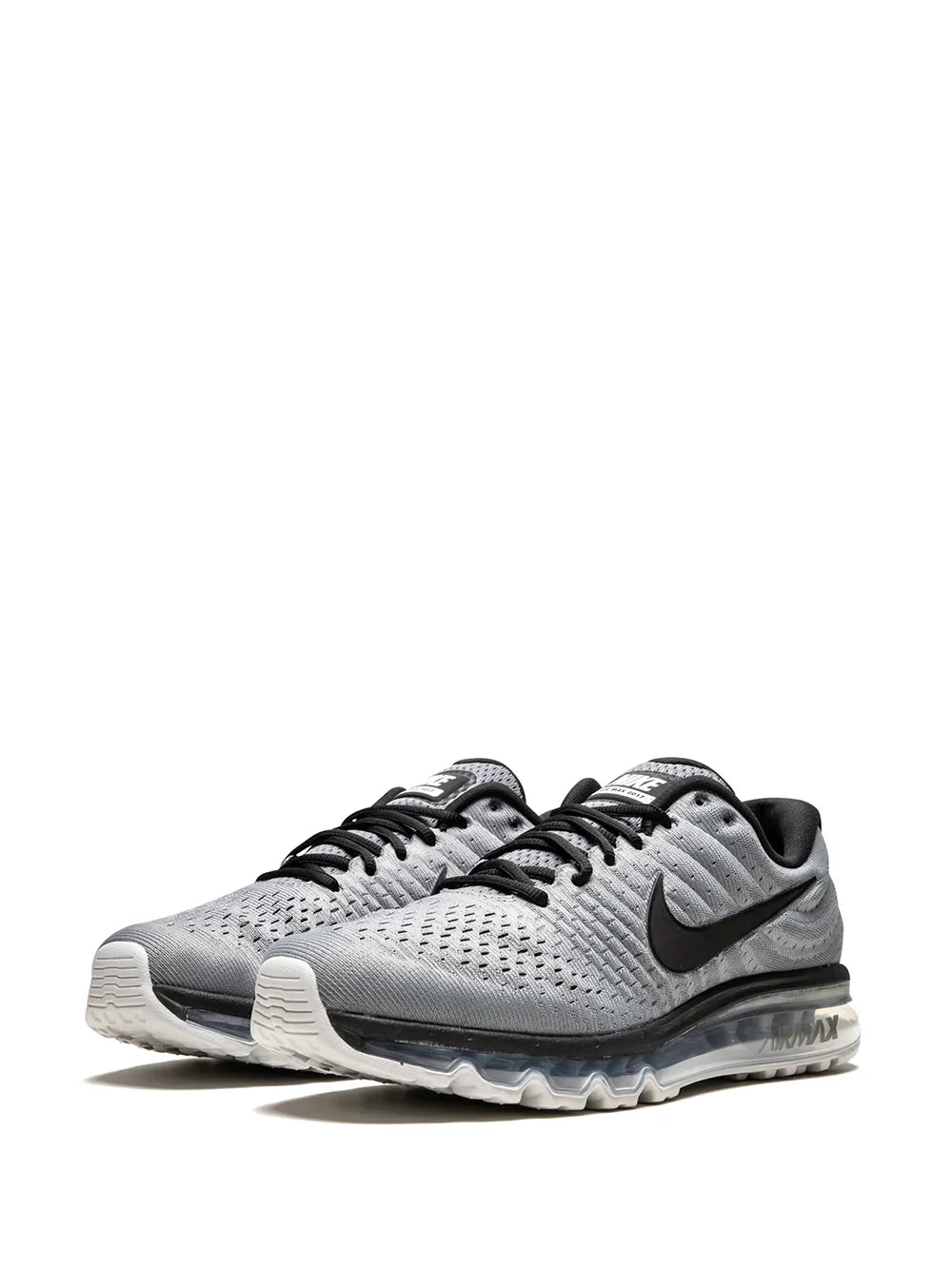 Nike Air Max running shoe, gray knit upper with black laces and swoosh