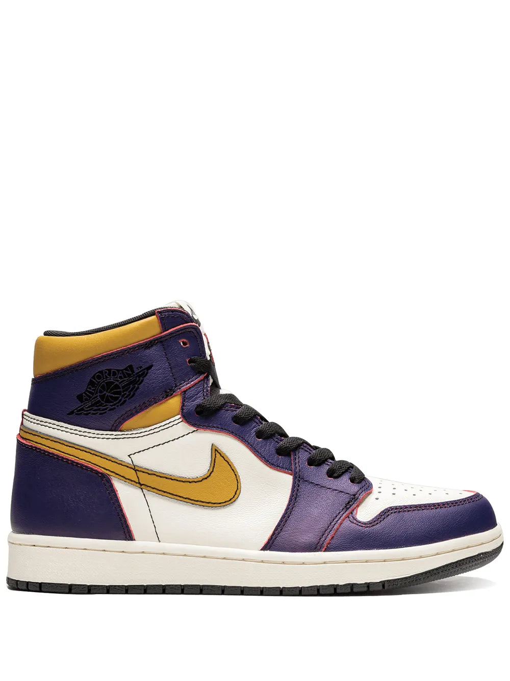 High-top sneakers in purple, white, and yellow with Nike Swoosh and lace-up design