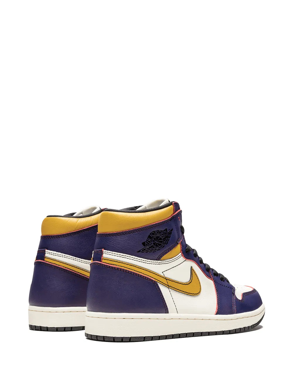 High-top sneakers with purple and white panels, yellow collar, and Nike Swoosh