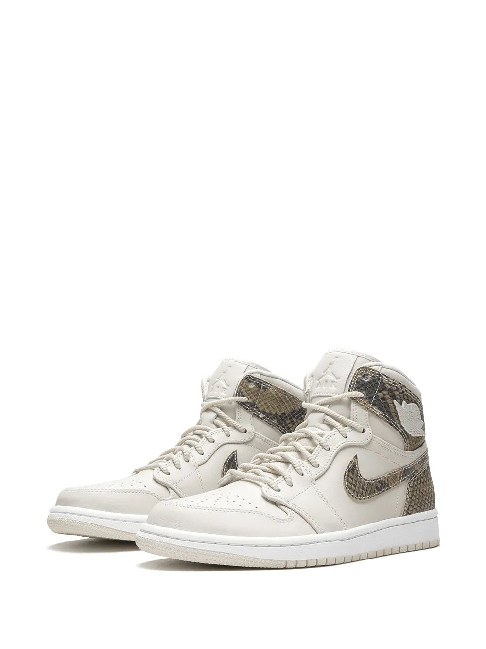 Air Jordan 1 high-top sneakers, pair view in white with tan patterned overlays