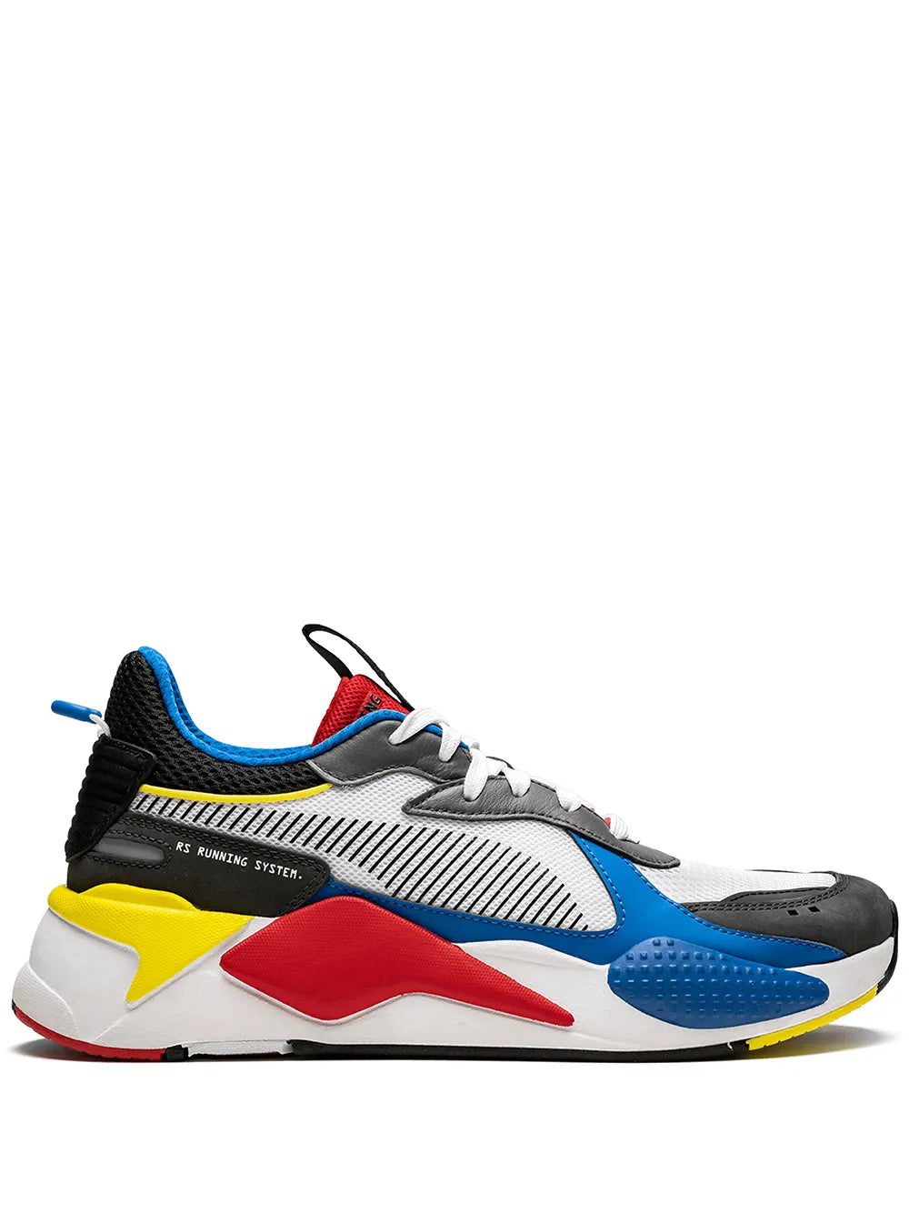 Low-top sneakers with white/gray upper, blue and red panels, black heel, yellow accents.