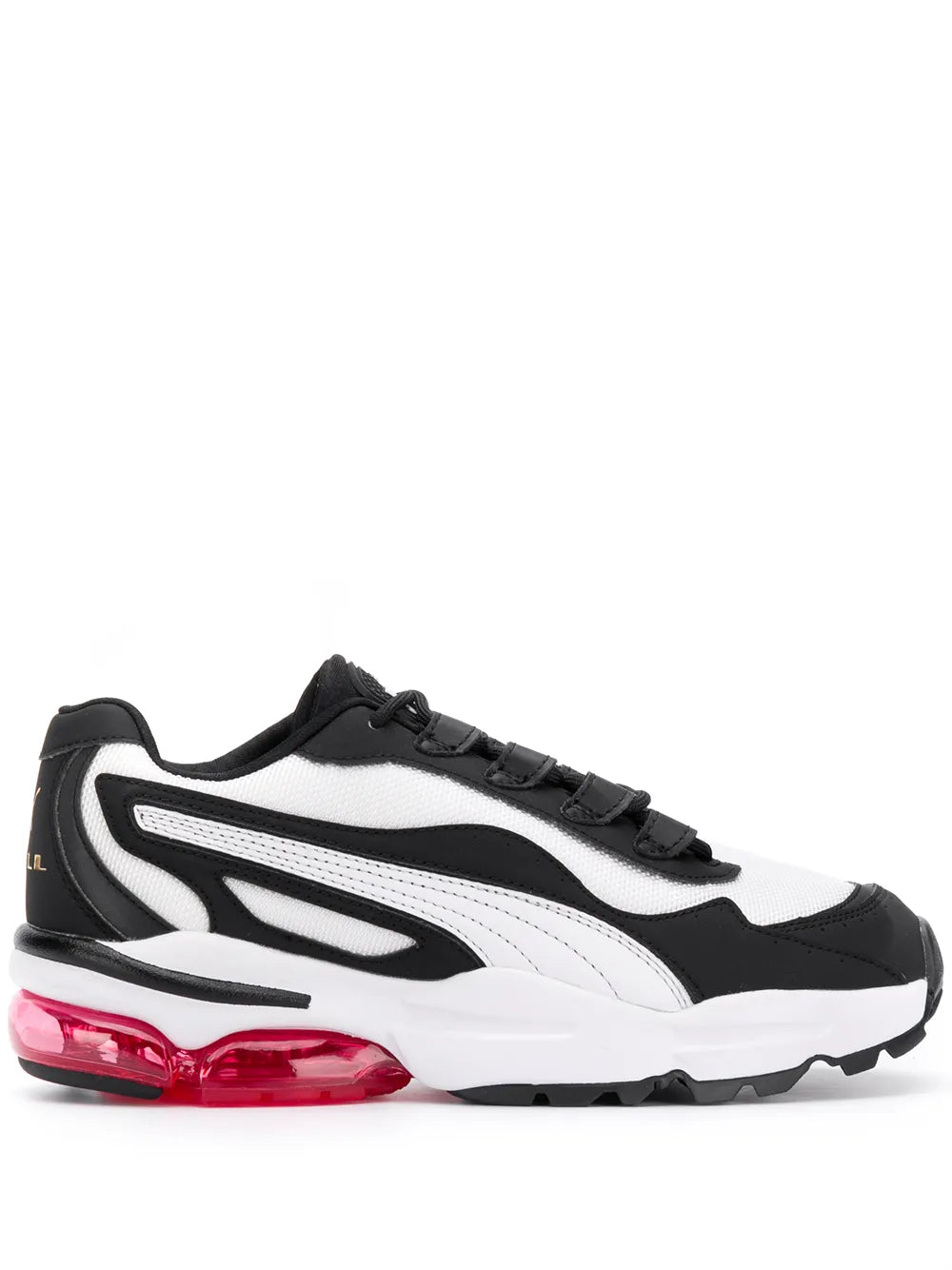 PUMA Cell low-top sneaker in black and white with red air sole