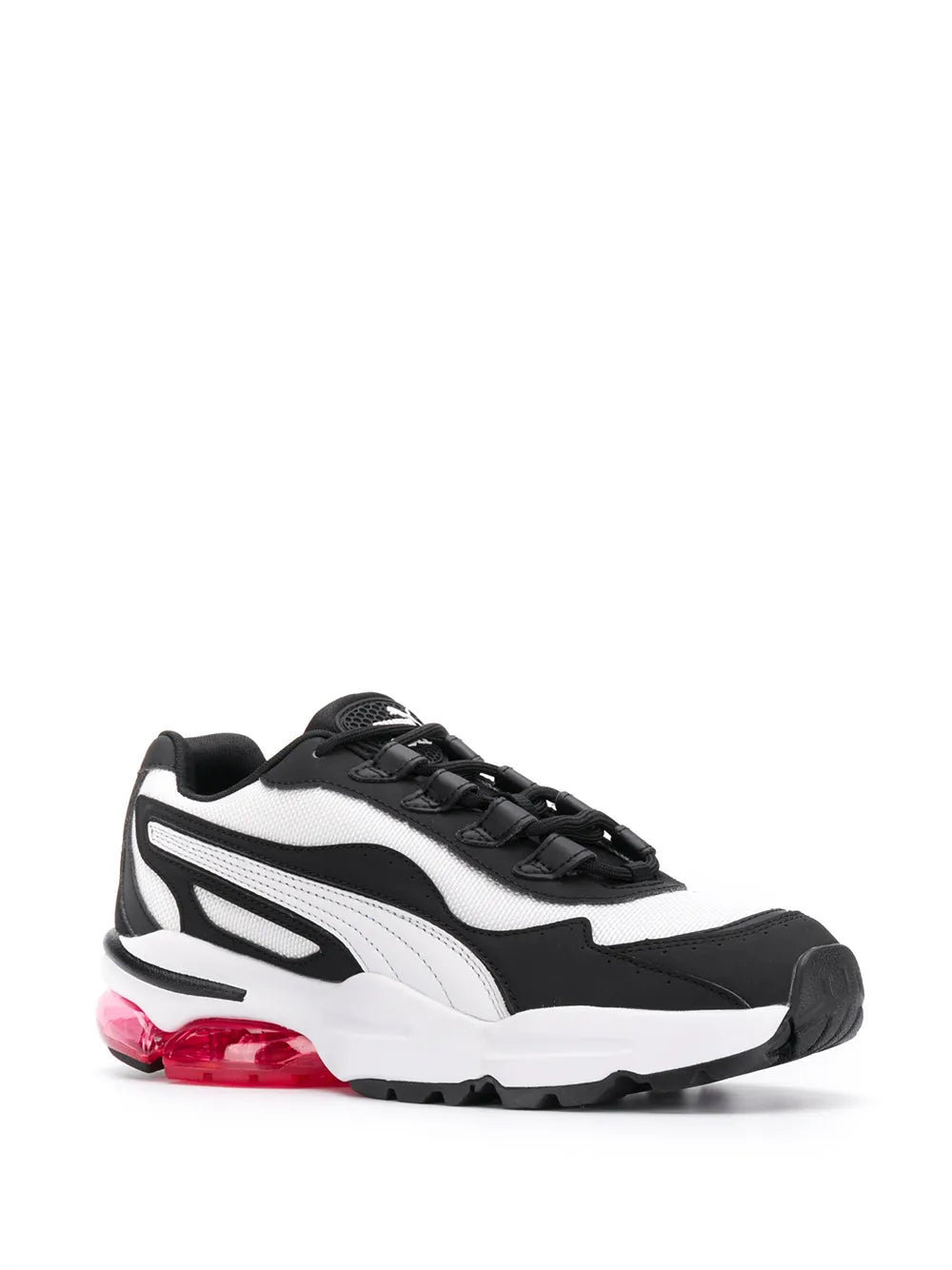 PUMA Cell low-top sneaker with black upper, white stripes, red sole