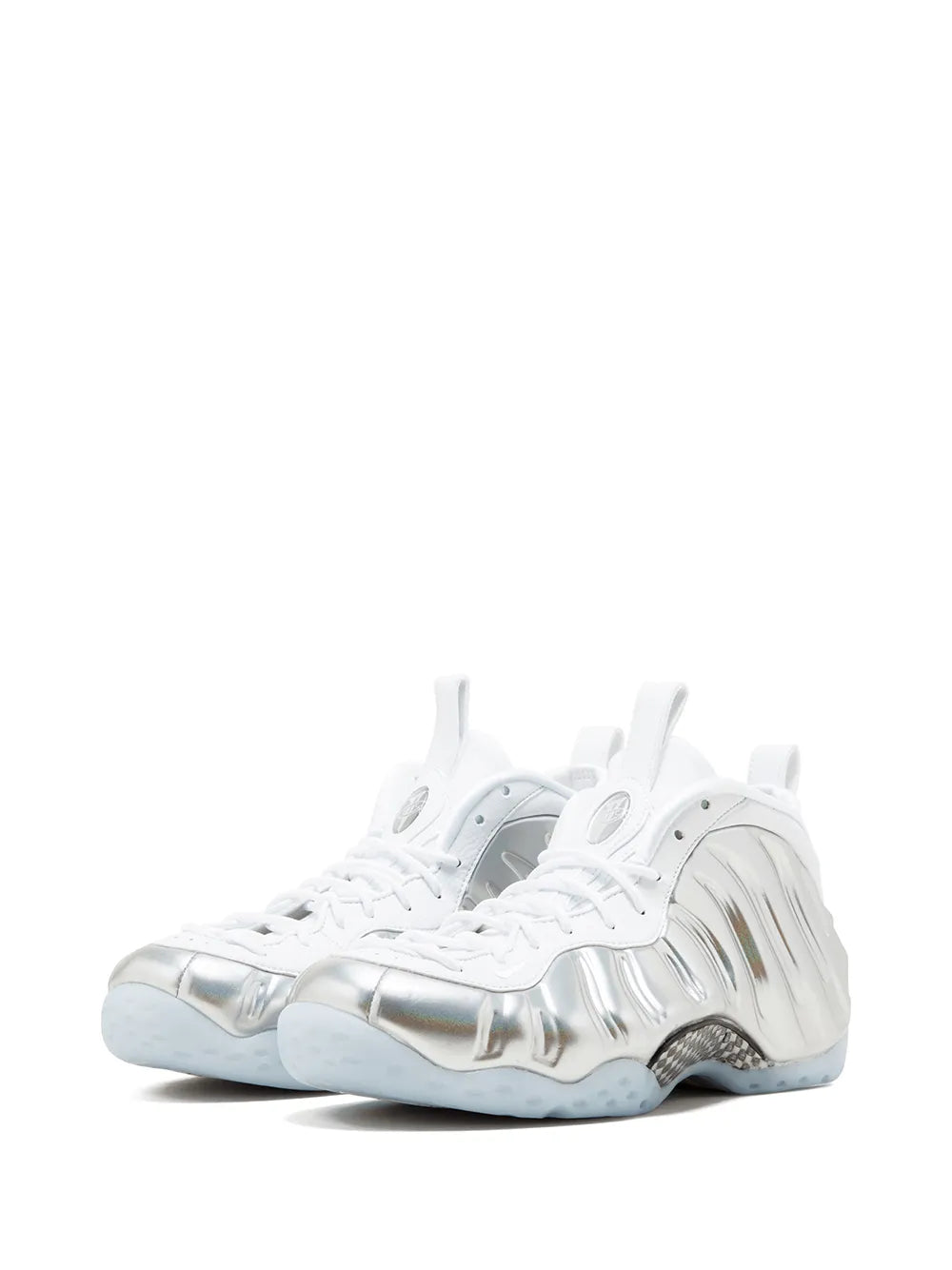 White metallic silver Foamposite-style low-top sneakers, lace-up and sculpted side