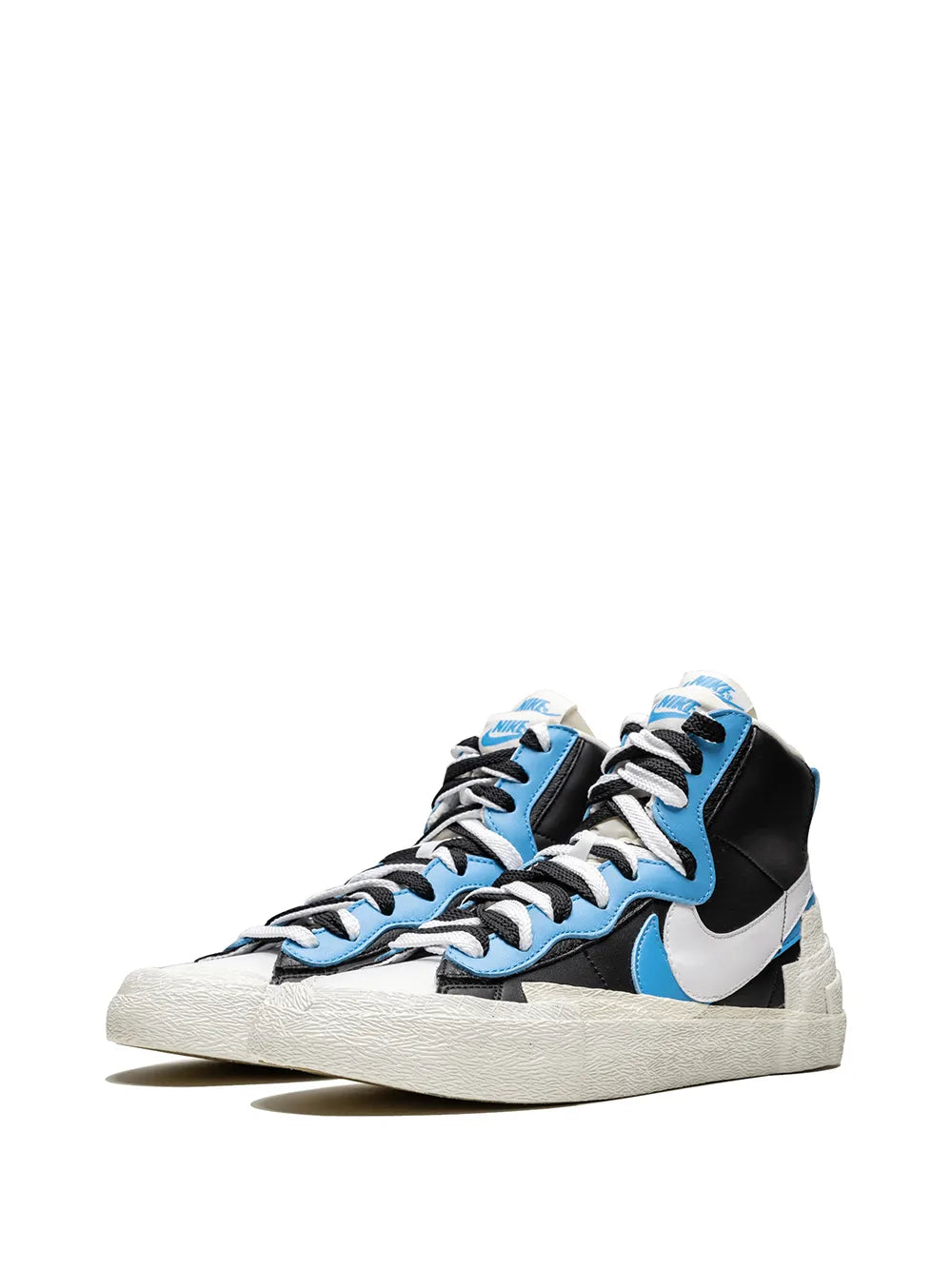 Mid-top sneakers side view, black leather with light-blue accents and white Swoosh