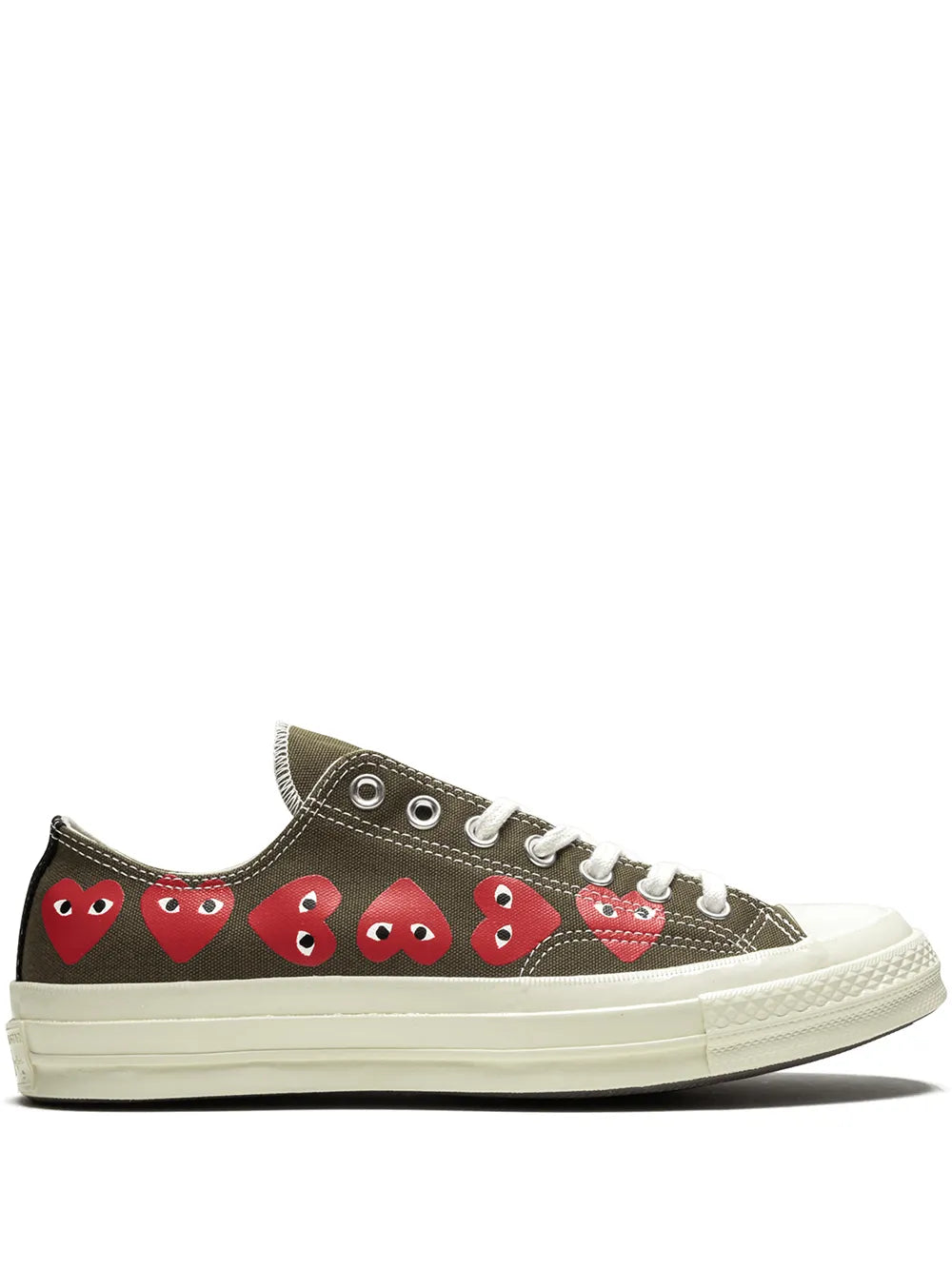 Dark olive low-top sneakers with red character face graphic and white rubber sole