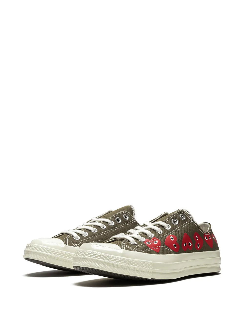 Low-top sneakers with red character faces on dark olive canvas, white laces and sole