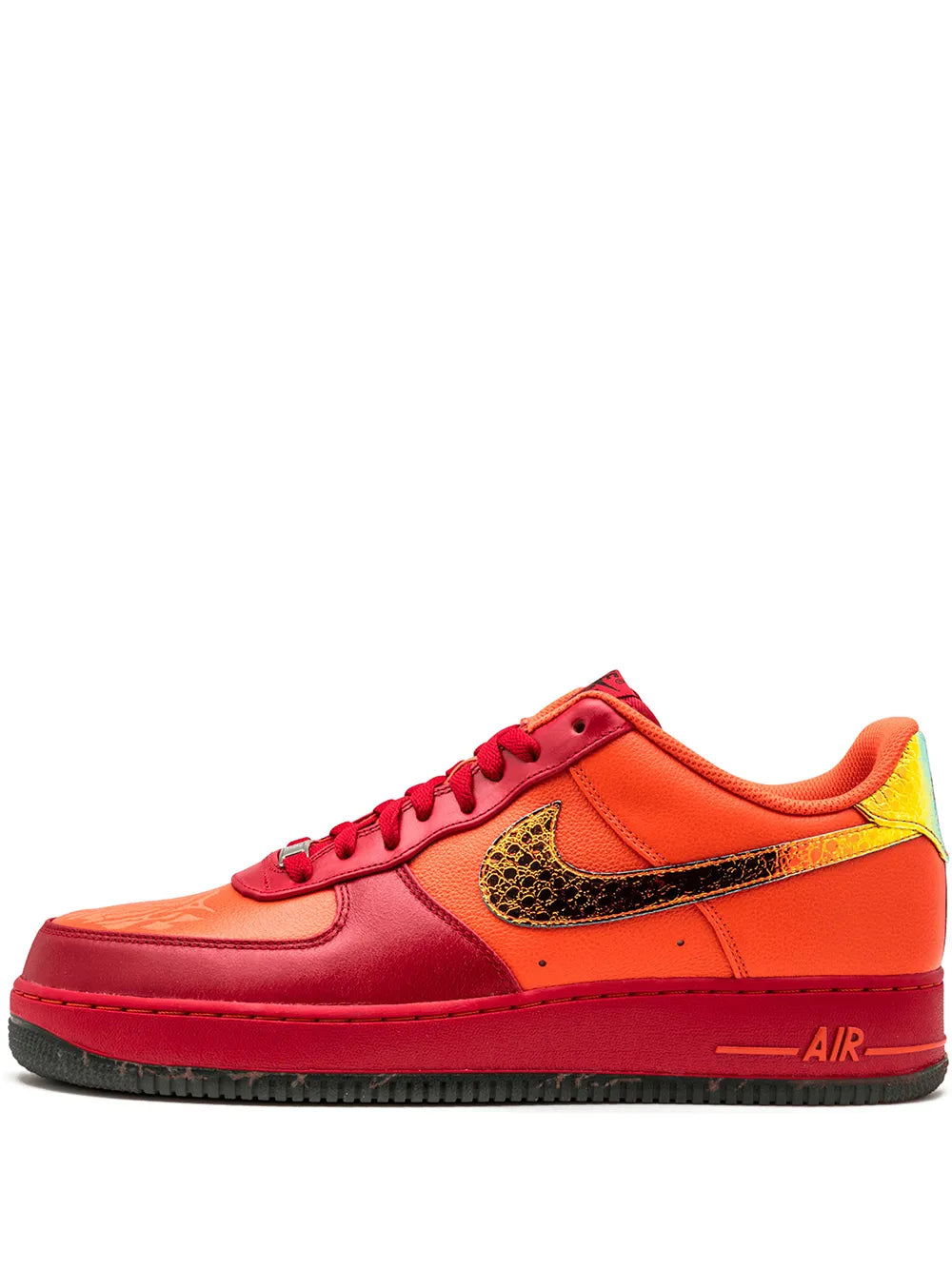 Nike Air Force 1 low-top sneaker in red/orange with yellow swoosh and red laces