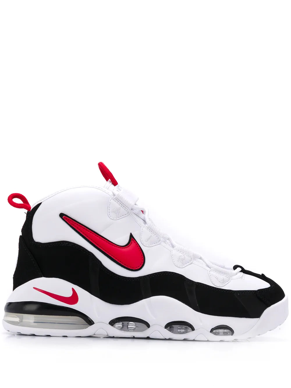 High-top sneakers with white leather, black panels, red swoosh, red pull tab