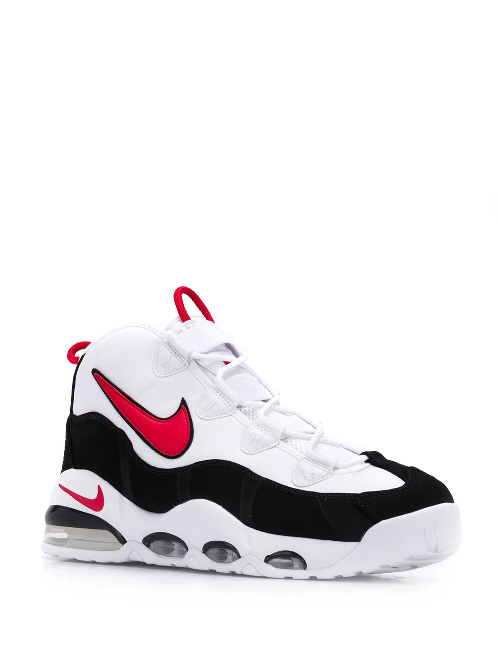 High-top sneakers, white upper with black side panels and red swoosh, lace-up