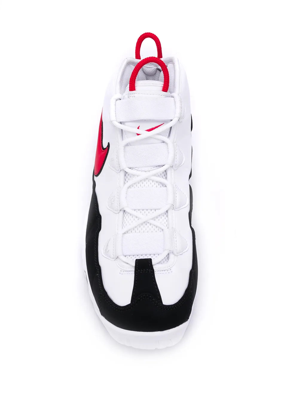 High-top sneakers, white and black colorblock with red lace loops and lace-up front