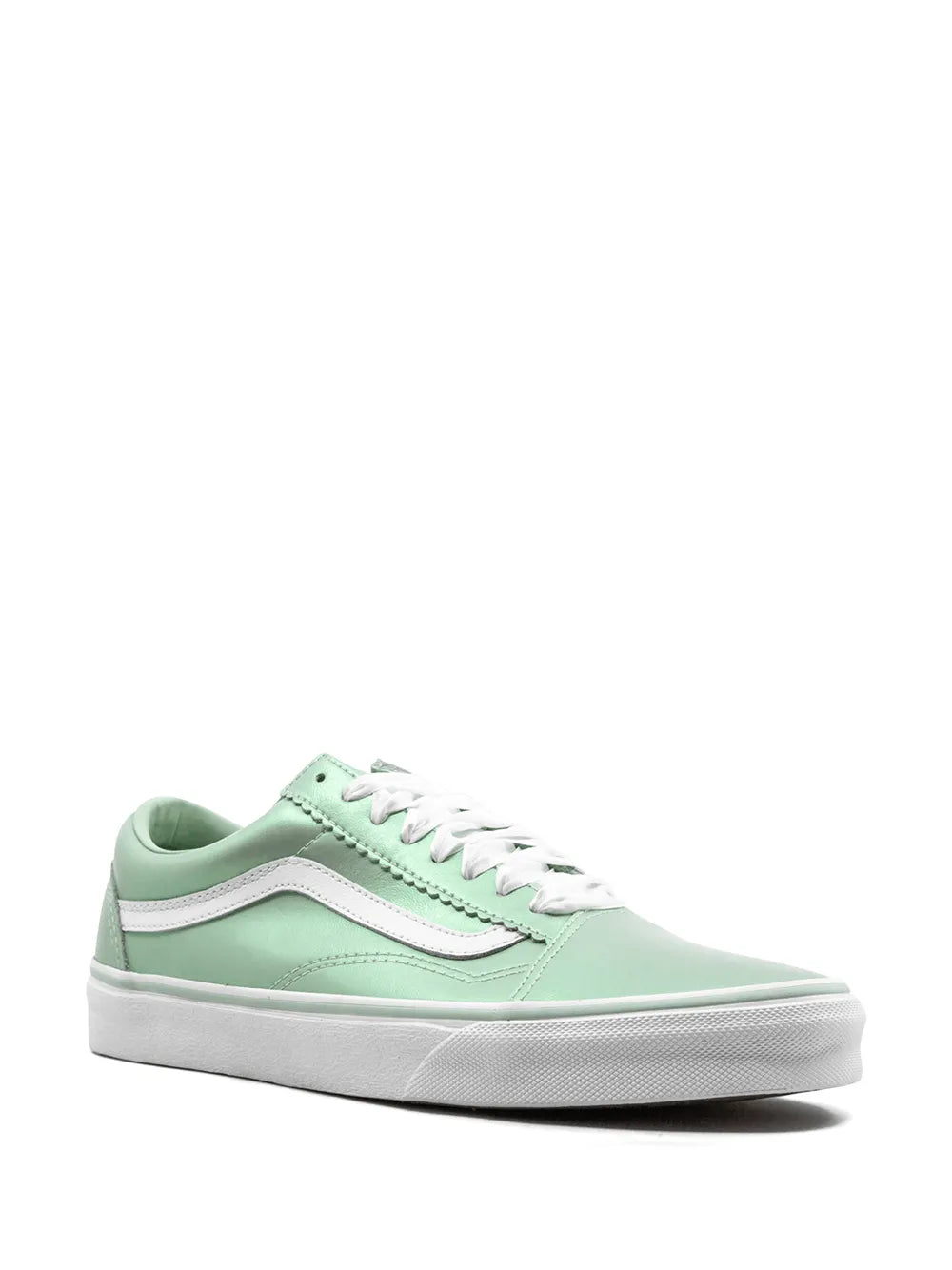 Mint green low-top lace-up sneaker with white trim and textured outsole