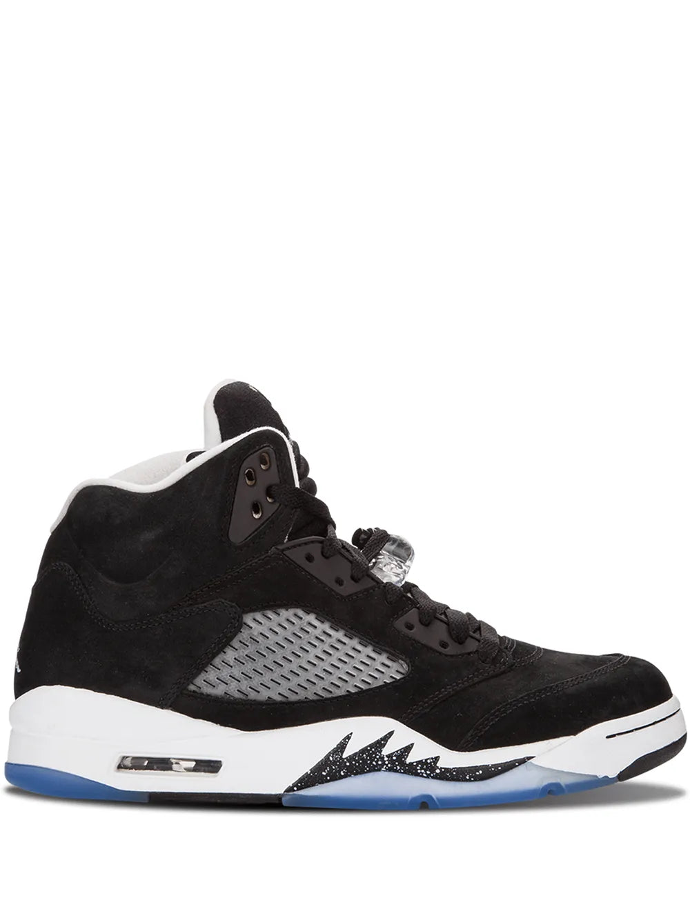 Black suede lace-up sneakers with gray side panel, white midsole, blue outsole