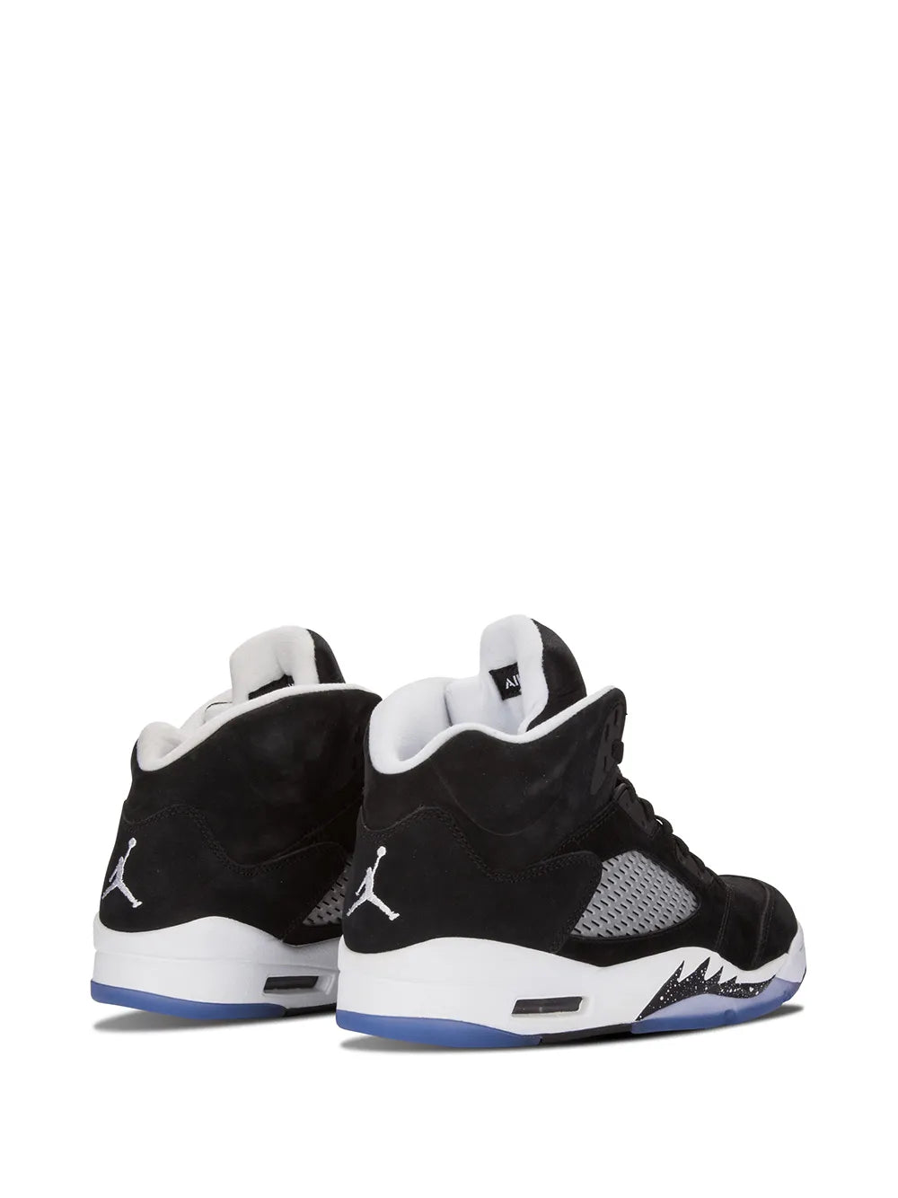 Black suede sneakers with white heel lining, gray mesh inset, blue midsole
